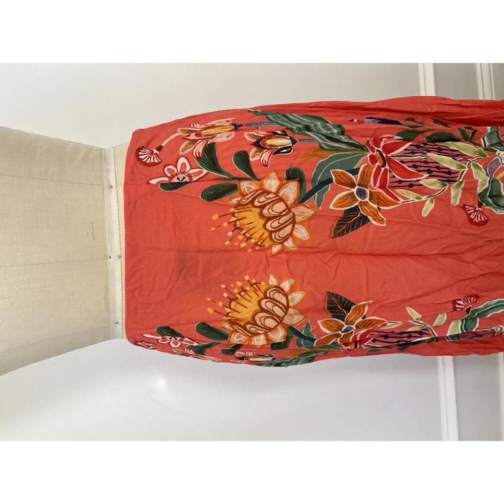 Farm Rio - Coral Floral Midi Skirt with Vibrant Print, Size M - Picture 8 of 10